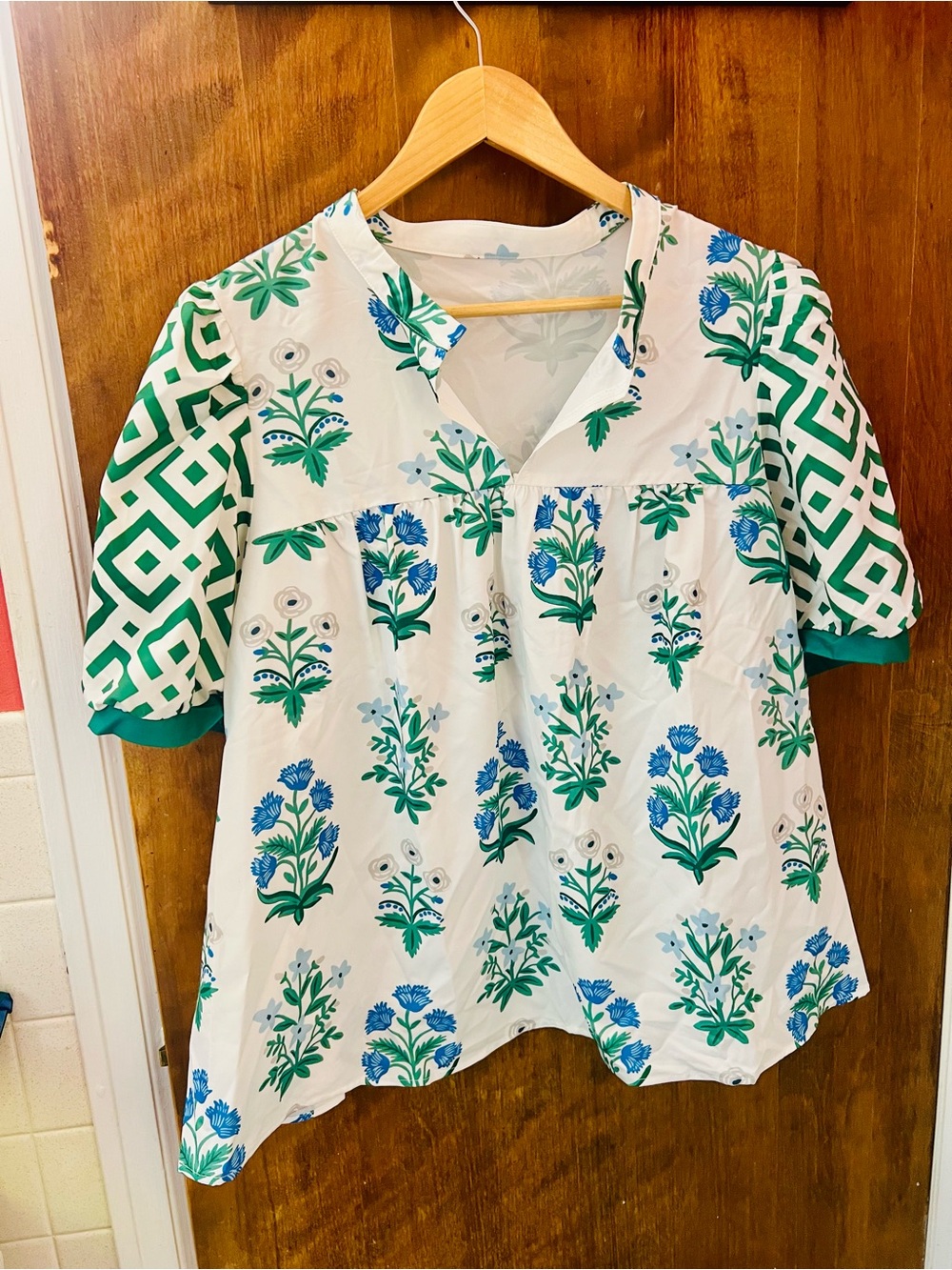 White Floral & Green Geometric Short Sleeve Blouse
